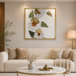 Golden Ivory Blossom Square 3D Metal Wall Art