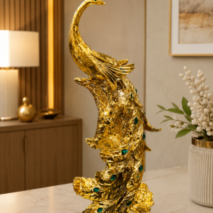 Luxurious Gold Peacock Decorative Sculpture with Emerald Accents