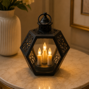 Black Hexagonal Cutout Three-Candle LED Lantern