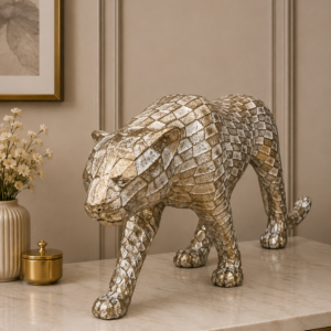 Distressed Gold & White Geometric Walking Leopard Sculpture
