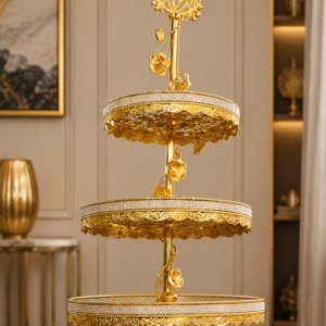 Grand Golden Three-Tiered Crystal Embellished Serving Stand