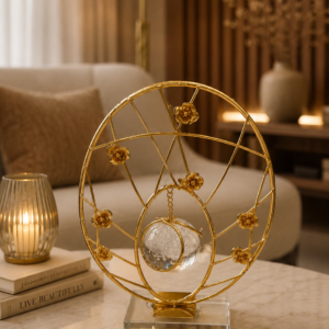 Golden Geometric Tabletop Decor with Hanging Crystal Globe