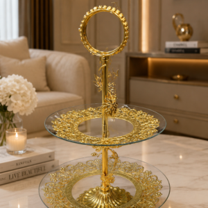 Golden Filigree Two-Tiered Glass Serving Stand