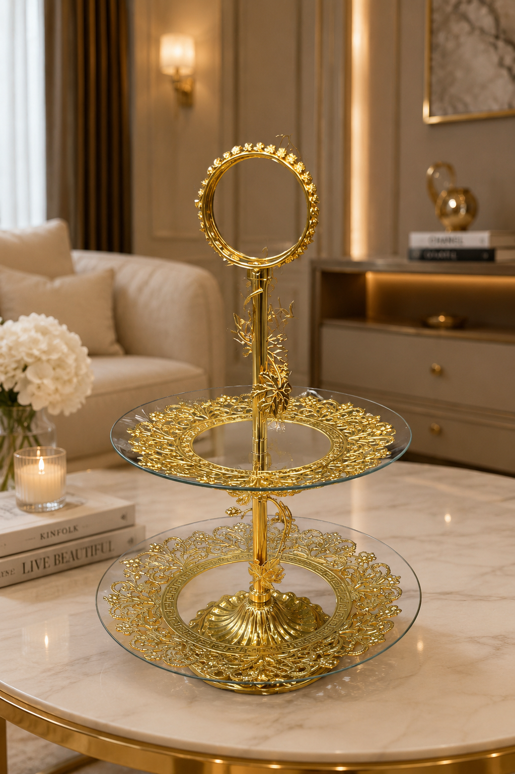 Golden Filigree Two-Tiered Glass Serving Stand
