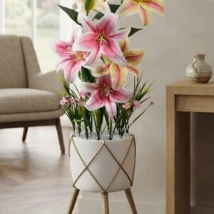 Potted Faux Lily Arrangement on a Mid-Century Stand