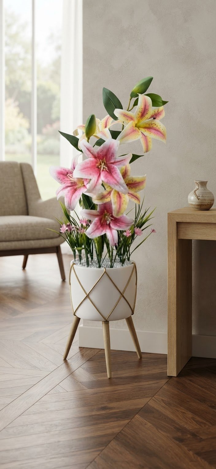 Potted Faux Lily Arrangement on a Mid-Century Stand