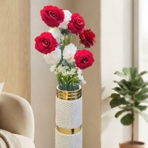 Tall Textured Floor Vase with Faux Red and White Roses(4 feet)