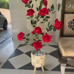 Elegant Red Rose Artificial Plant with Woven Stand Planter