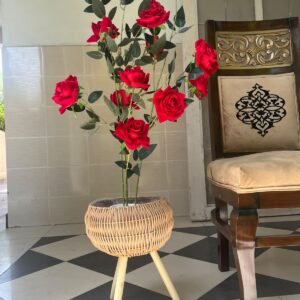 Elegant Red Rose Artificial Plant in Rattan-Style Tripod Planter