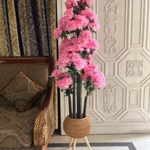 Pink Blossom Tree in Rattan Tripod Planter