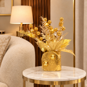 Gilded Crimson Vase with Golden Botanical Arrangement