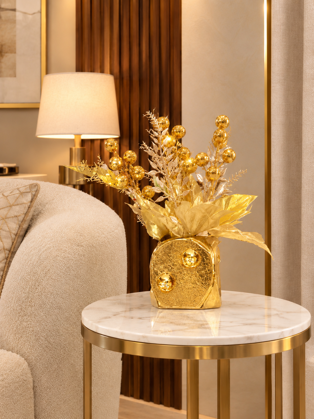 Gilded Crimson Vase with Golden Botanical Arrangement
