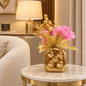 Golden Dice Vase with Pink Floral Arrangement