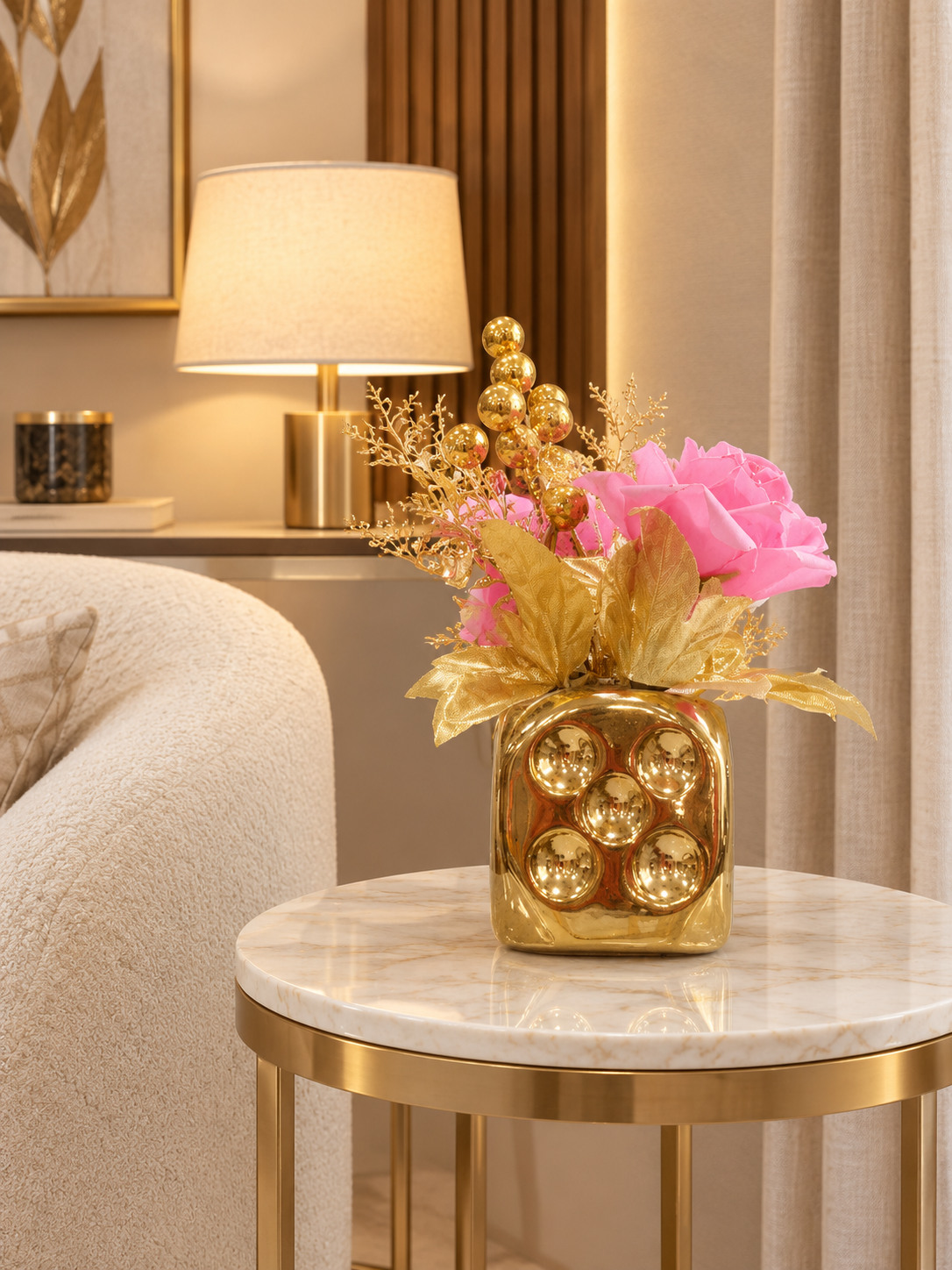 Golden Dice Vase with Pink Floral Arrangement