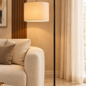 Modern Black Arc Floor Lamp with Beige Drum Shade