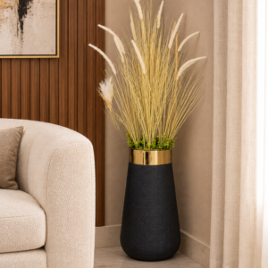 Modern Black and Gold Floor Vase with Dried Grass Accent