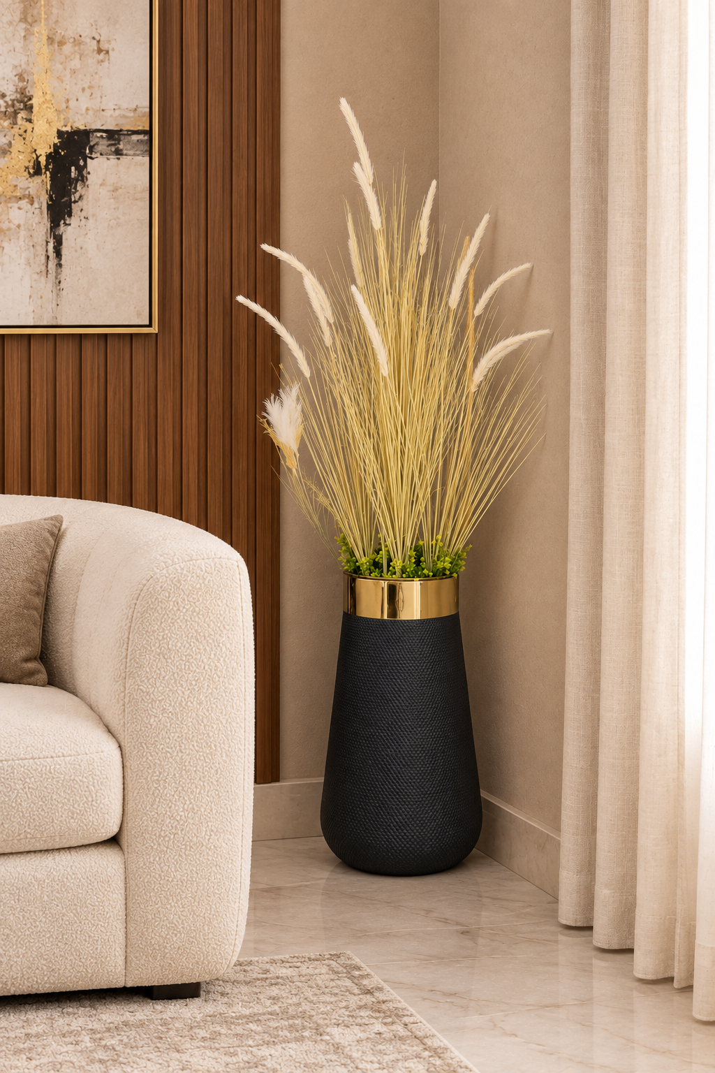 Modern Black and Gold Floor Vase with Dried Grass Accent
